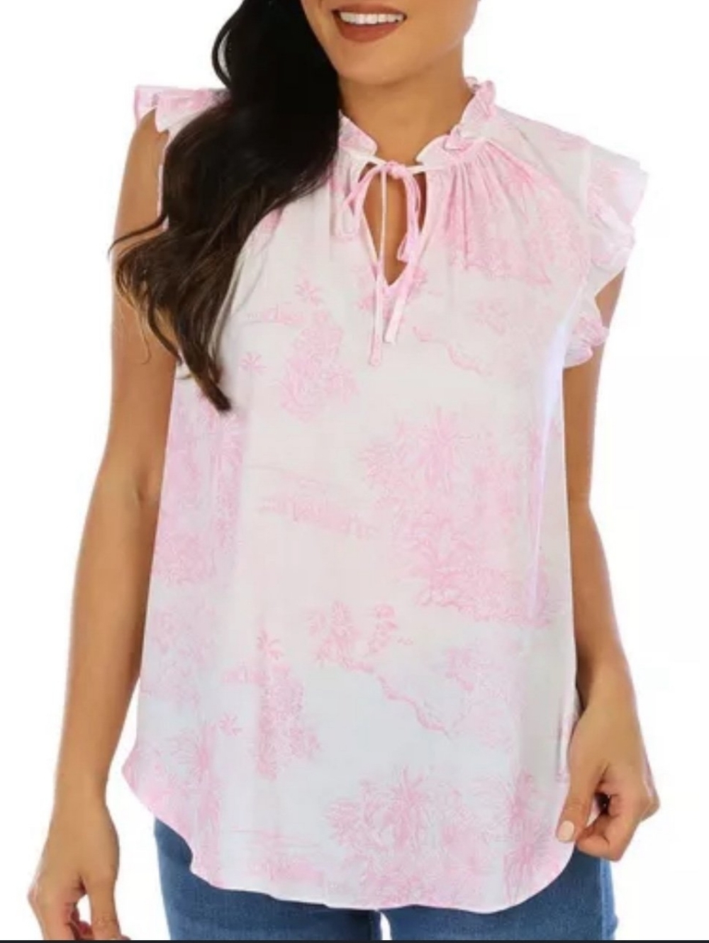 Cupcake And Cashmere Pink White Romantic Toile Print Cap Sleeve Blouse | XSmall